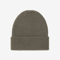 Kaschmir-Mütze von Colorful Standard in Dusty Olive, Rippstrick mit Umschlag