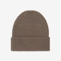 Kaschmir-Mütze von Colorful Standard in Warm Taupe, Rippstrick mit Umschlag