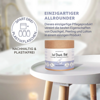 Weiche 3-in-1 Dusch-Fluffs von Puremetics, ideal für sensible Haut, für Körperpflege und Reinigung, in sanftem Design.