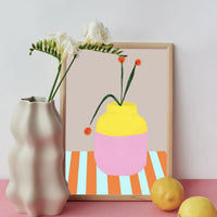 A4-Poster „mio vaso fresh“ von hej Ibiza by Ute Arnold, bunte Papeterie mit floralem Design auf weißem Hintergrund.