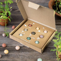 Geschenk-Box Mittel von blossombs, für drinnen und draußen, zeigt eine elegante Verpackung mit bunten Blumenmotiven.