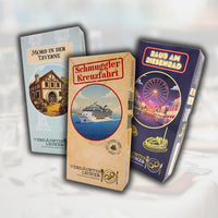Krimi-Spiel Verdächtig Lecker, Papeterie-Set mit Krimi-Dinner-Elementen, thematische Einladungskarten und Hinweise.