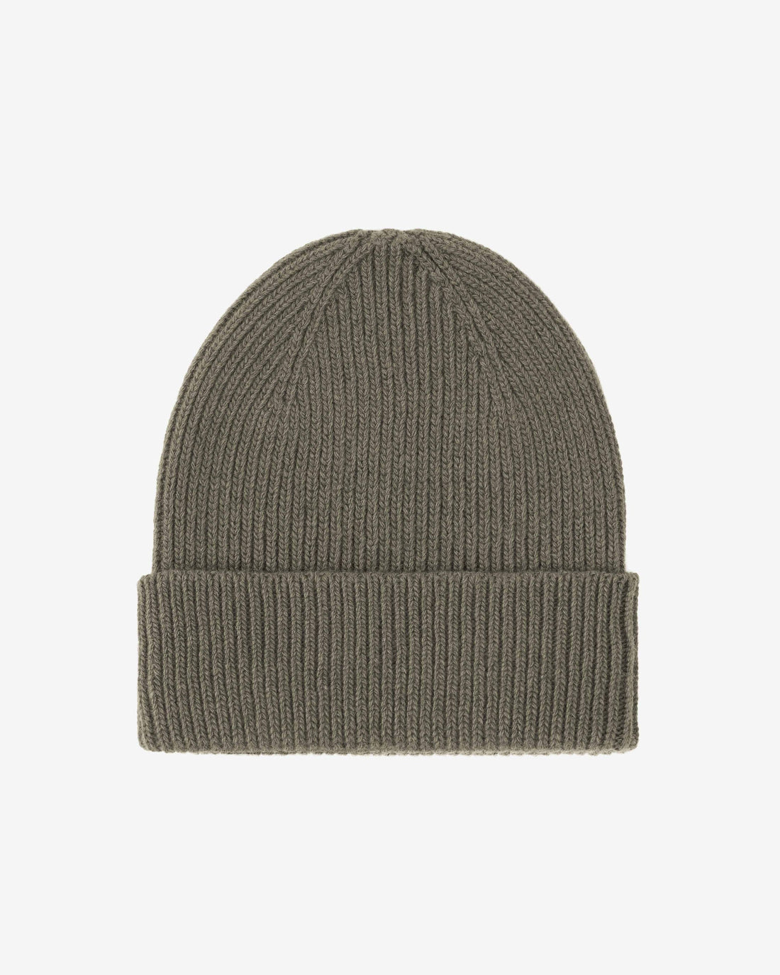 Kaschmir-Mütze von Colorful Standard in Dusty Olive, Rippstrick mit Umschlag