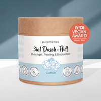 Weiche 3-in-1 Dusch-Fluffs von Puremetics für Körperpflege, aus Baumwolle, ideal zum Duschen und Reinigen.