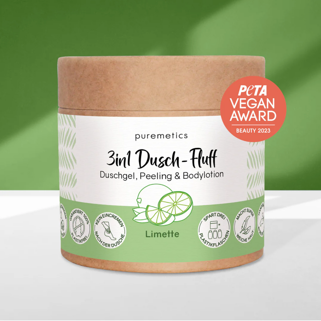 Weiche 3-in-1 Dusch-Fluffs von Puremetics mit Limetten-Duft für Körperpflege und Reinigung.