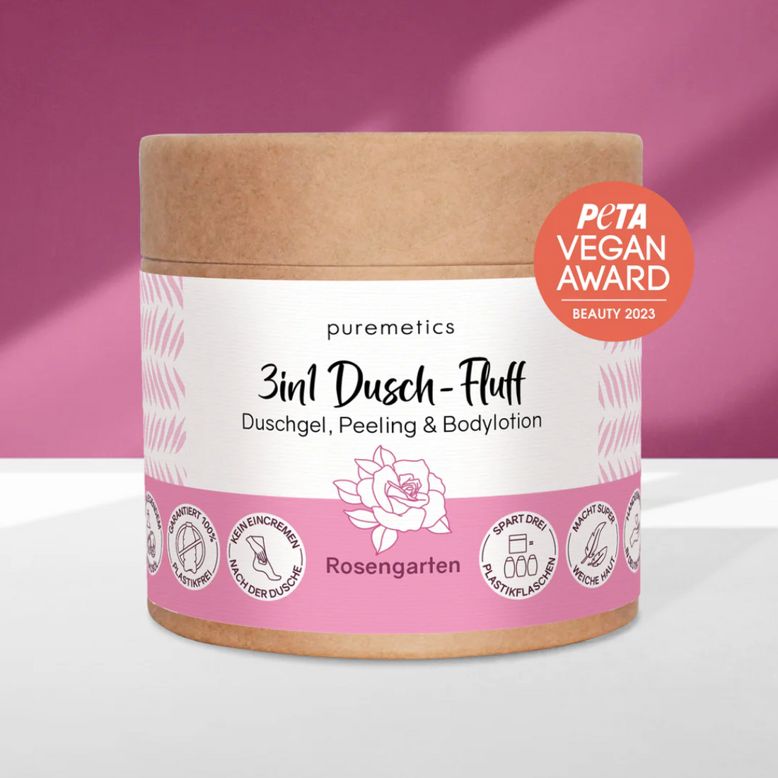 Dusch-Fluff von Puremetics im Rosengarten-Design, weiche Körperpflege für ein angenehmes Duscherlebnis