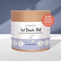 Weiche 3-in-1 Dusch-Fluffs von Puremetics für empfindliche Haut, ideal für sanfte Körperpflege während des Duschens.