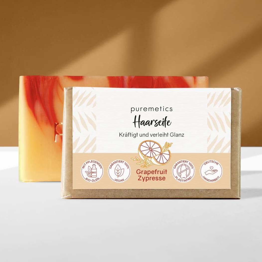 Haarseife von Puremetics für natürliche Haarpflege, mit sanften Inhaltsstoffen und cremiger Konsistenz, auf dem Bild zu sehen
