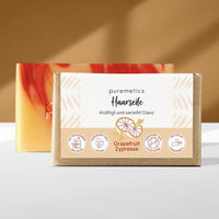 Haarseife von Puremetics für natürliche Haarpflege, mit sanften Inhaltsstoffen und cremiger Konsistenz, auf dem Bild zu sehen