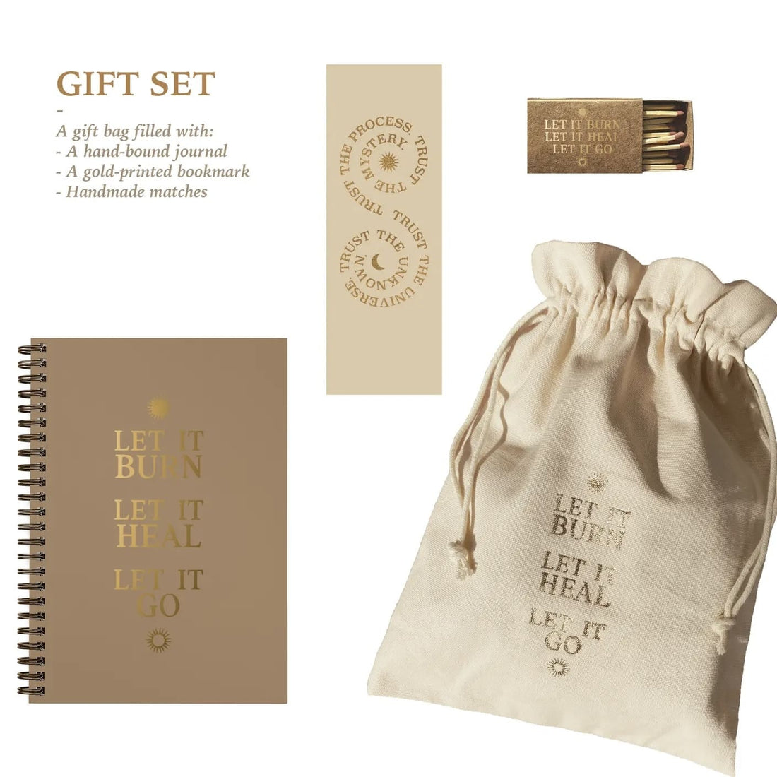 Geschenkset „let it burn. let it heal. let it go.“ von Anna Cosma, Papeterie mit Designs auf hochwertigem Papier