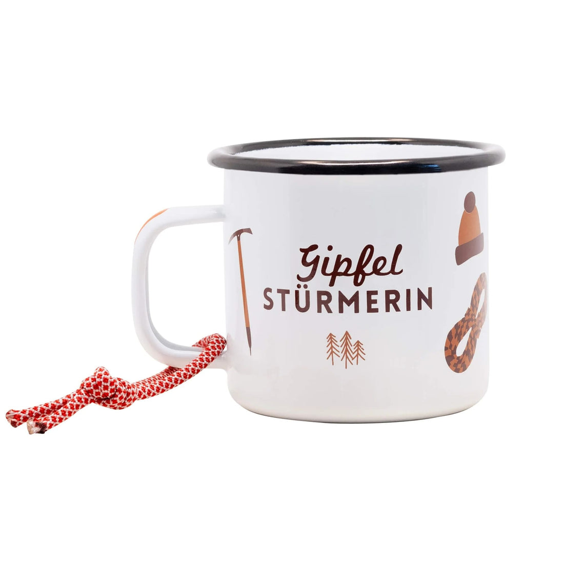 Emailletasse von Roadtyping, robuster Becher für drinnen und draußen, zeigt das Roadtyping-Logo auf weißem Hintergrund.