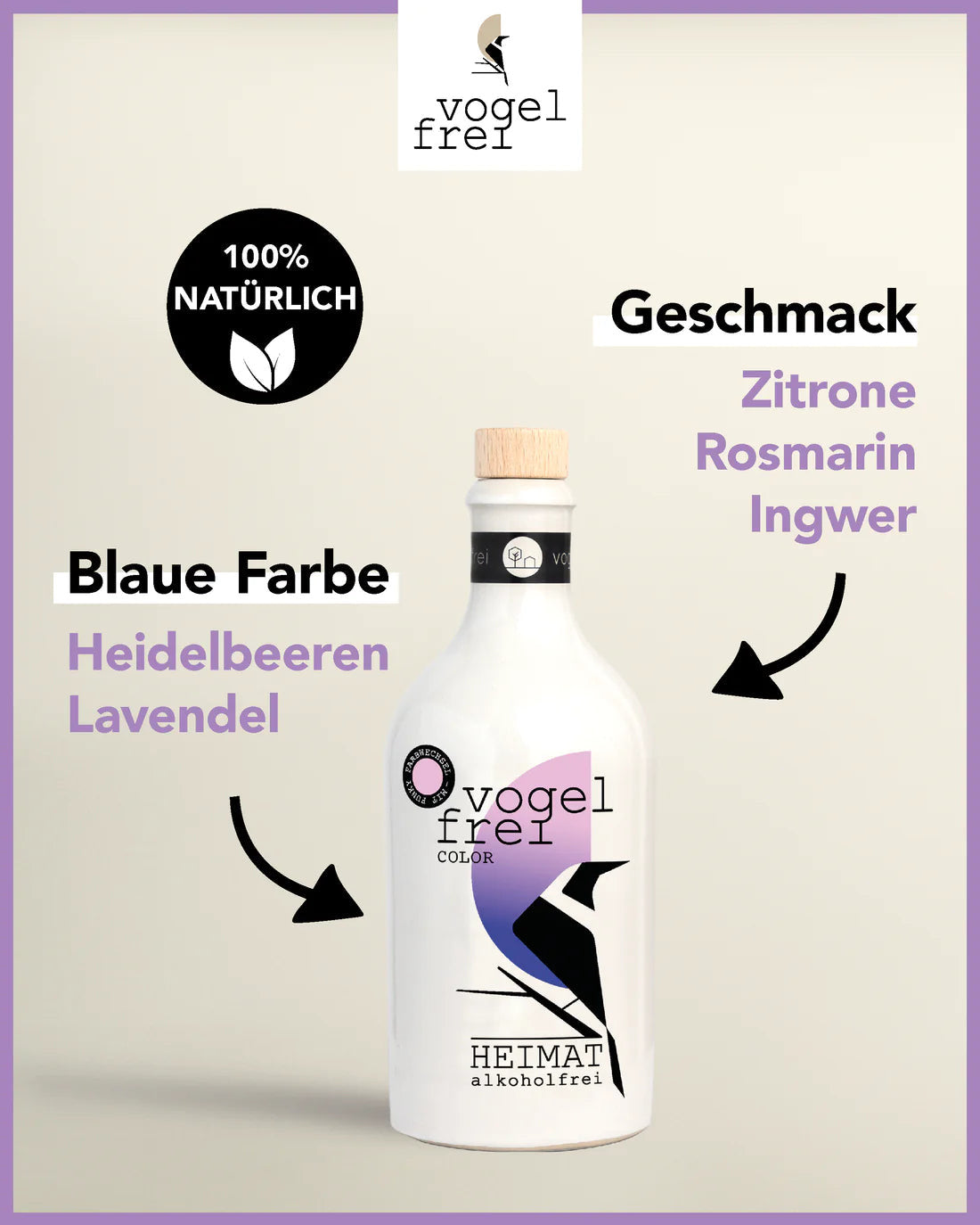 Bunte Flasche Heimat Gin Vogelfrei Color alkoholfrei mit farbigem Etikett, Heimat Gin Getränk für Essen & Trinken