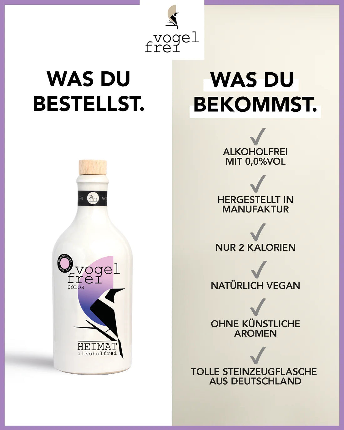 Bunte Flasche von Heimat Gin "Vogelfrei Color" alkoholfrei, ideal für Essen und Trinken, mit farbigem Design auf der Verpackung