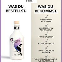 Bunte Flasche von Heimat Gin "Vogelfrei Color" alkoholfrei, ideal für Essen und Trinken, mit farbigem Design auf der Verpackung