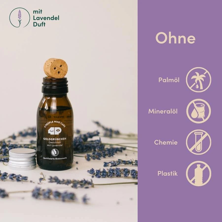 Gesichtspflegeöl mit Lavendel von 4 People Who Care, natürliche Hautpflege für ein entspanntes Hautgefühl, flasche mit Lavendelöl.