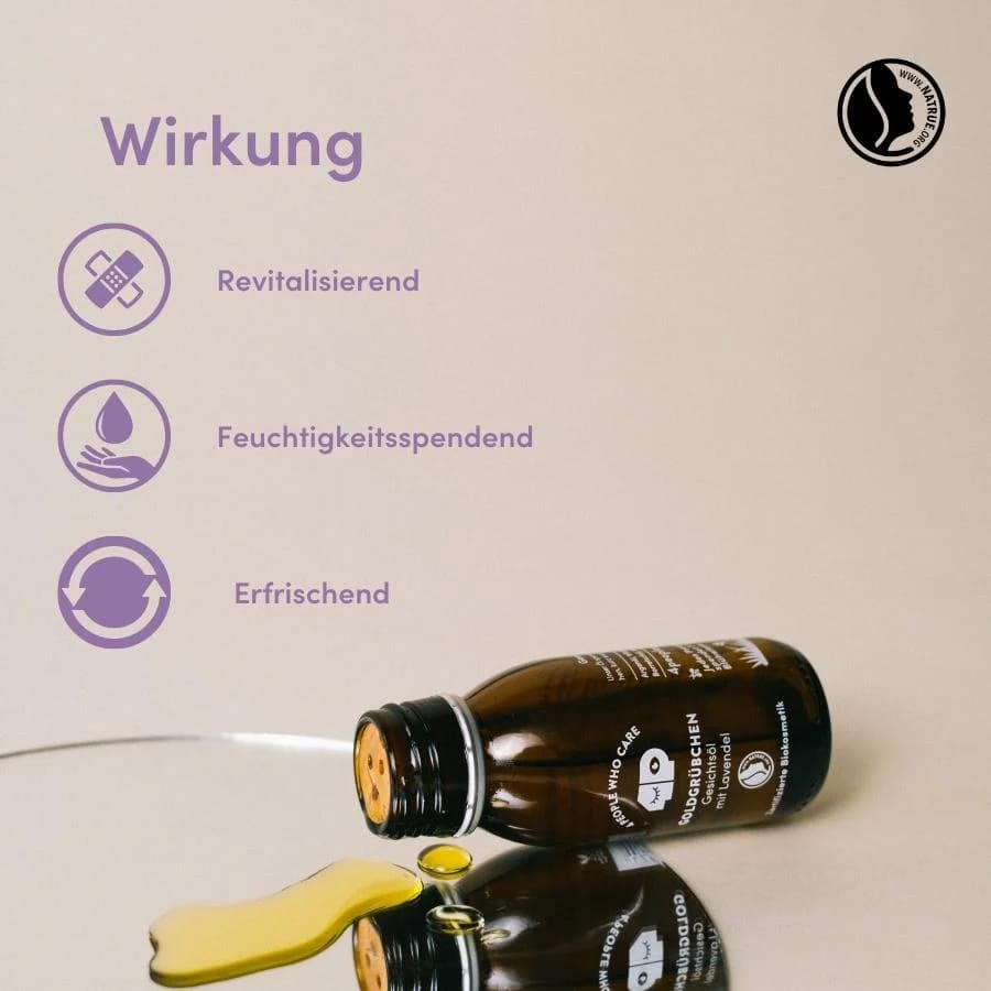 Gesichtsolle Lavendel von 4 people who care, pflegendes Beauty-Produkt, zeigt Flasche mit Lavendel-Öl in eleganter Verpackung