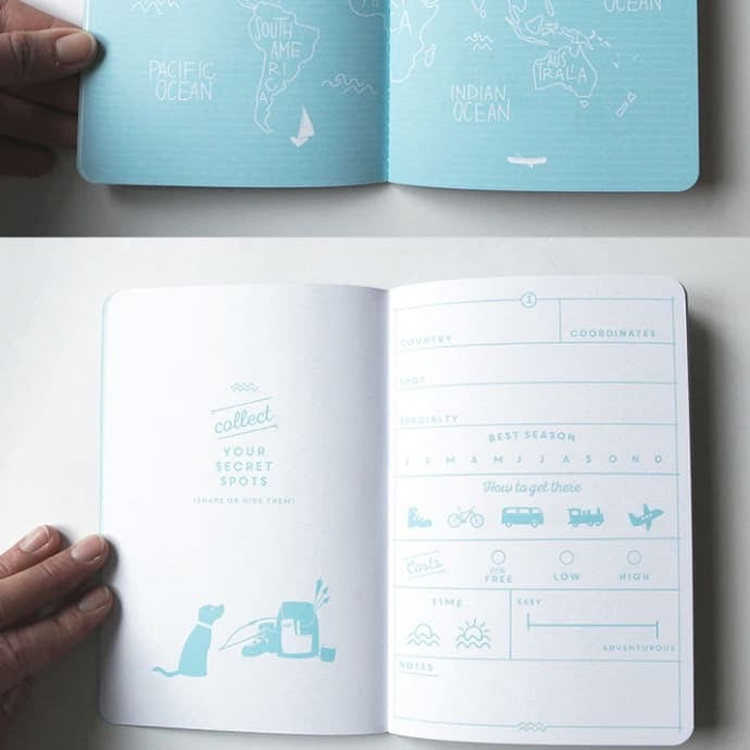 Reisetagebuch „My secret spots“ von Roadtyping, handliches Notizbuch für unterwegs, mit Einband und Seiten für Reiseerinnerungen
