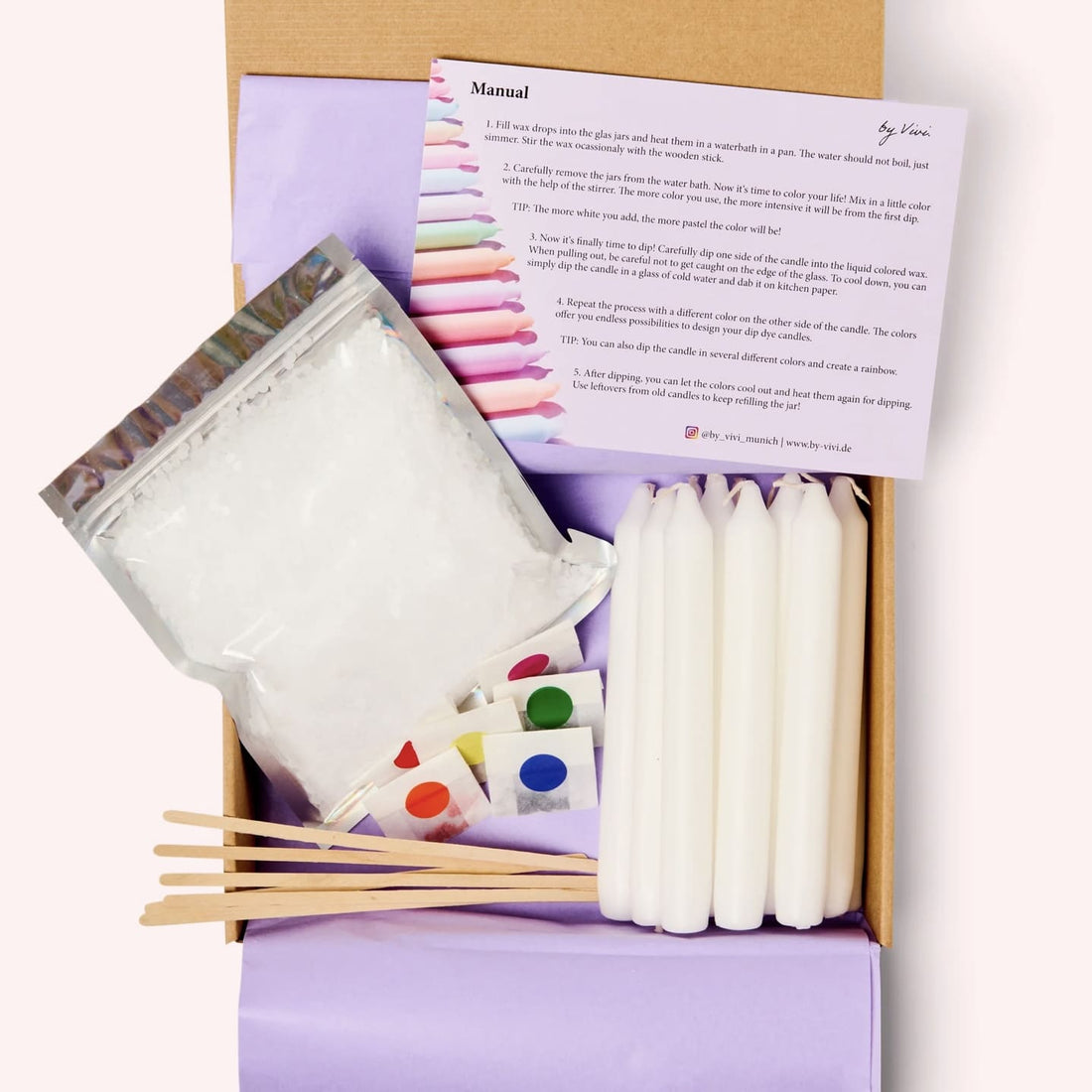 DIY-Box Dip Dye Kerzen von by vivi, bunte Kerzen zum Selbergestalten, in verschiedenen Farben und Mustern.