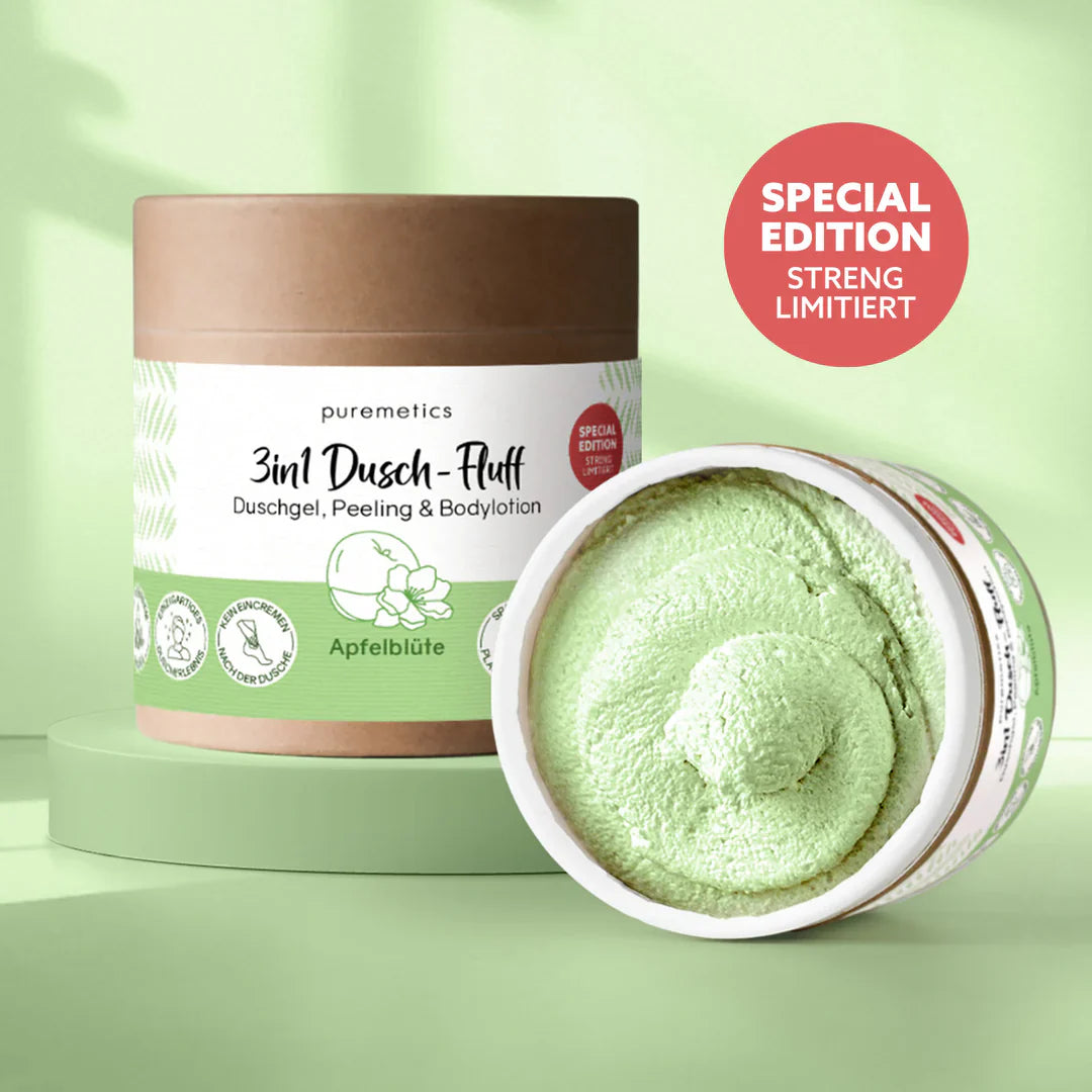 Dusch-Fluffs von Puremetics, 3-in-1 Körperpflege, weiche Textur, ideal für Reinigung und Pflege der Haut