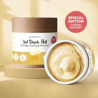 Dusch-Fluffs von Puremetics, 3-in-1 Körperpflege, weiche Textur für sanftes Waschen und Peeling in der Hand gehalten