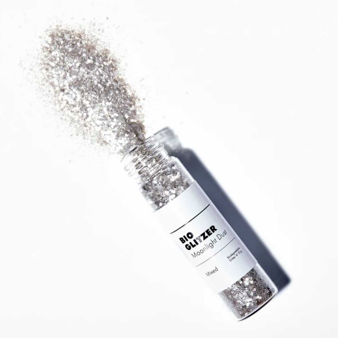 Glitzer Bio 10g von Birkenspanner, natürliche Bio-Glitzer für Beauty und Pflege, fein und schimmernd in einem transparenten Behälter.
