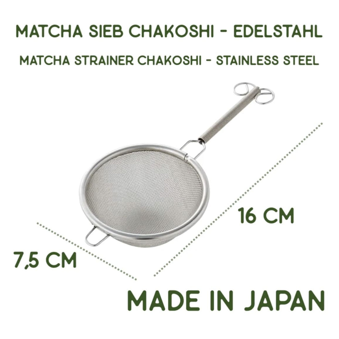 Matcha Tee Sieb von matchapassion, feines Sieb für die Zubereitung von Matcha, Edelstahl mit feinen Maschen, auf weißem Hintergrund