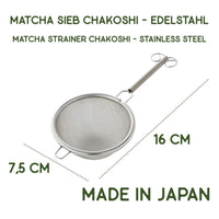 Matcha Tee Sieb von matchapassion, feines Sieb für die Zubereitung von Matcha, Edelstahl mit feinen Maschen, auf weißem Hintergrund