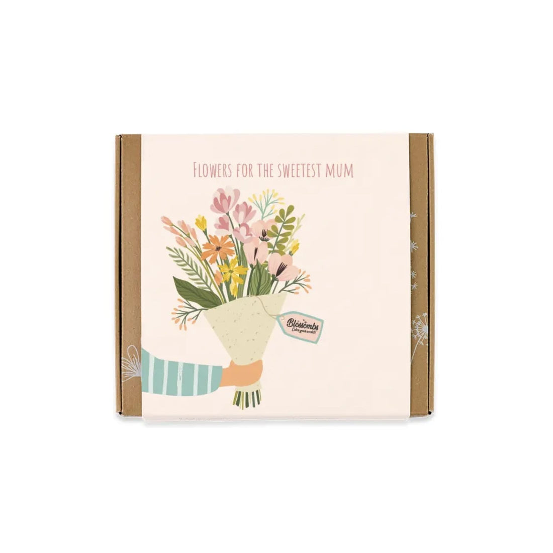 Blossombs Geschenk-Box Mittel für drinnen und draußen, mit bunten Blumen und Gartenaccessoires, in dekorativer Verpackung.