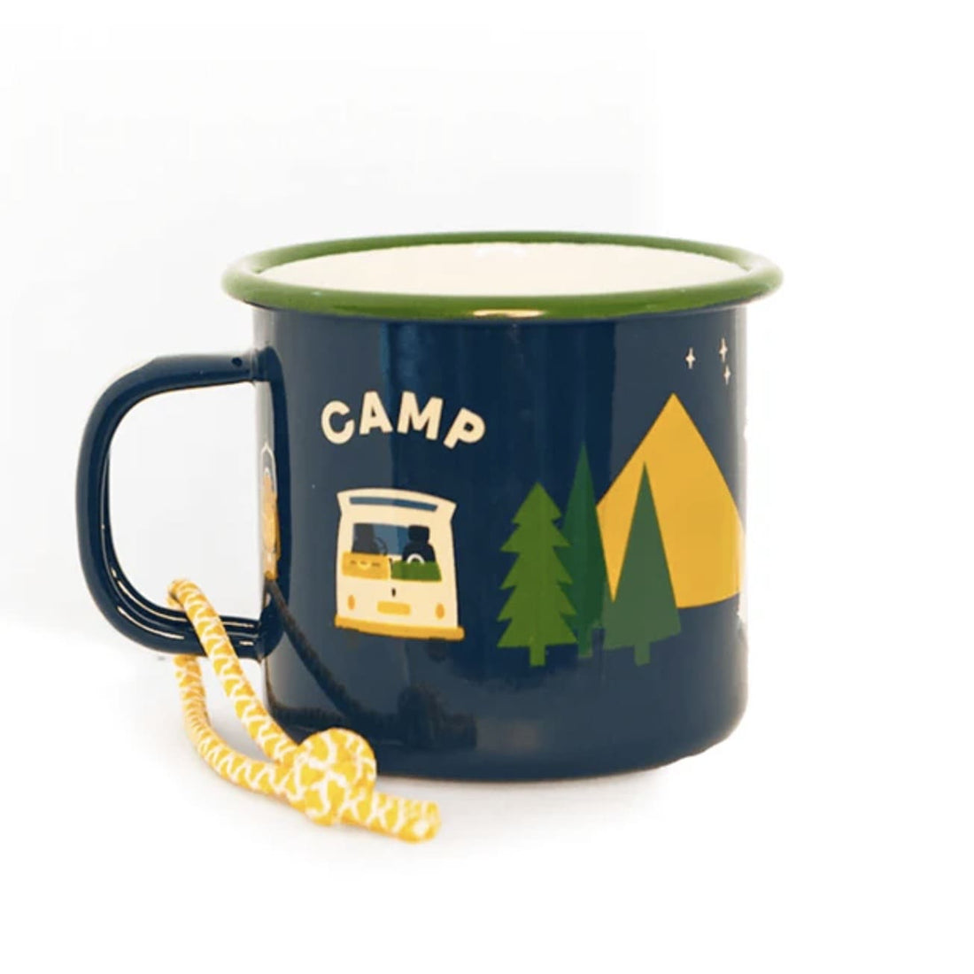 Emailletasse von Roadtyping, robuster Becher für drinnen und draußen, zeigt das stilvolle Roadtyping-Design.