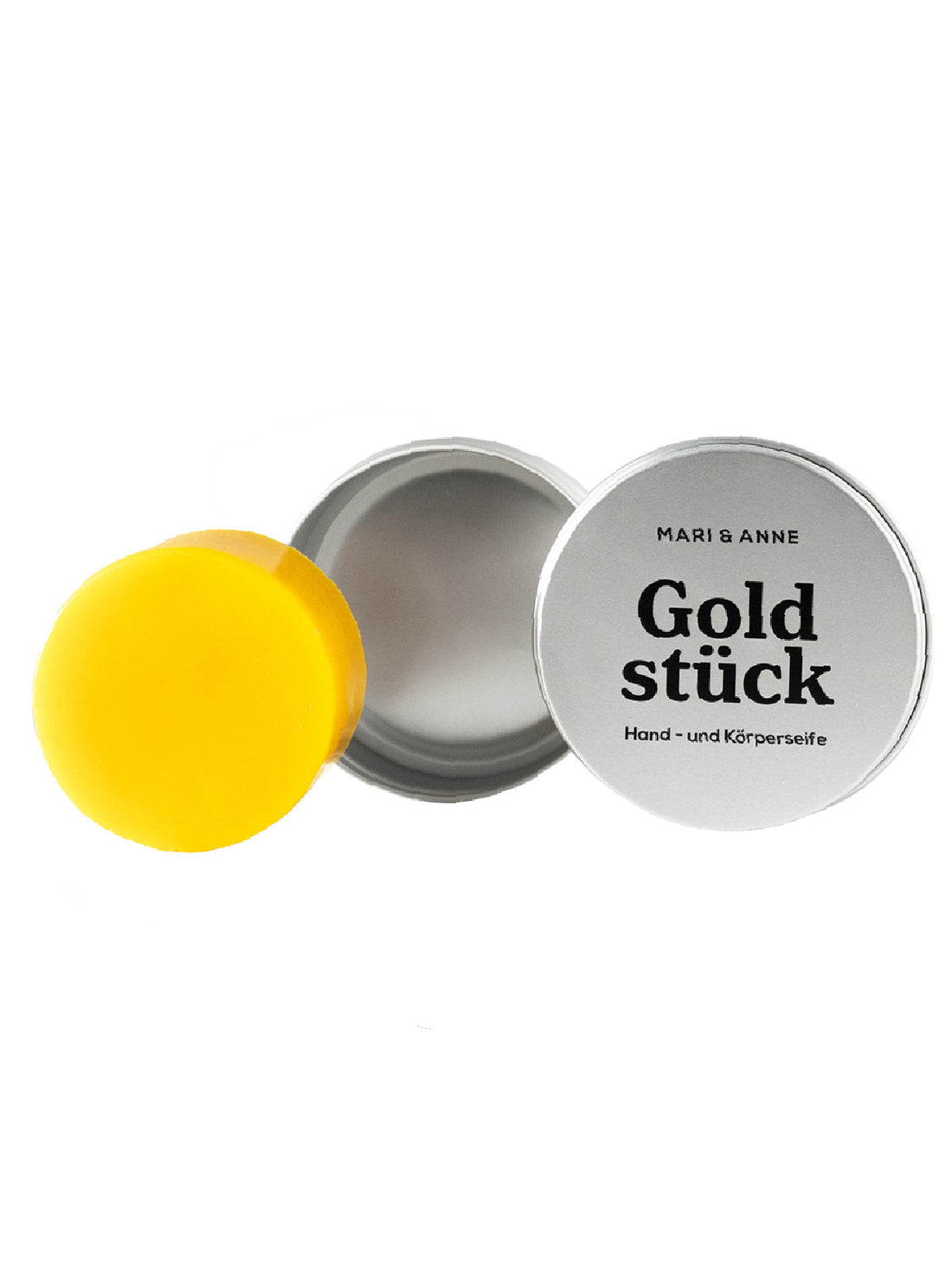 Hand- und Körperseife von Mari & Anne in Goldstück-Design, cremige Textur, elegant verpackt, ideal für Hautpflege.