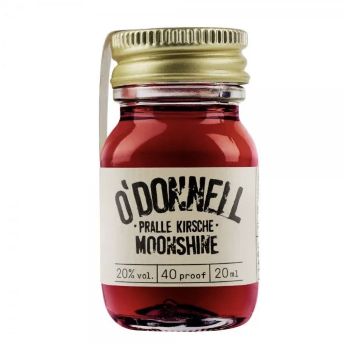 Likör „Pralle Kirsche“ von O’Donnel Moonshine in einer Flasche, ideal für Genuss und Getränke.