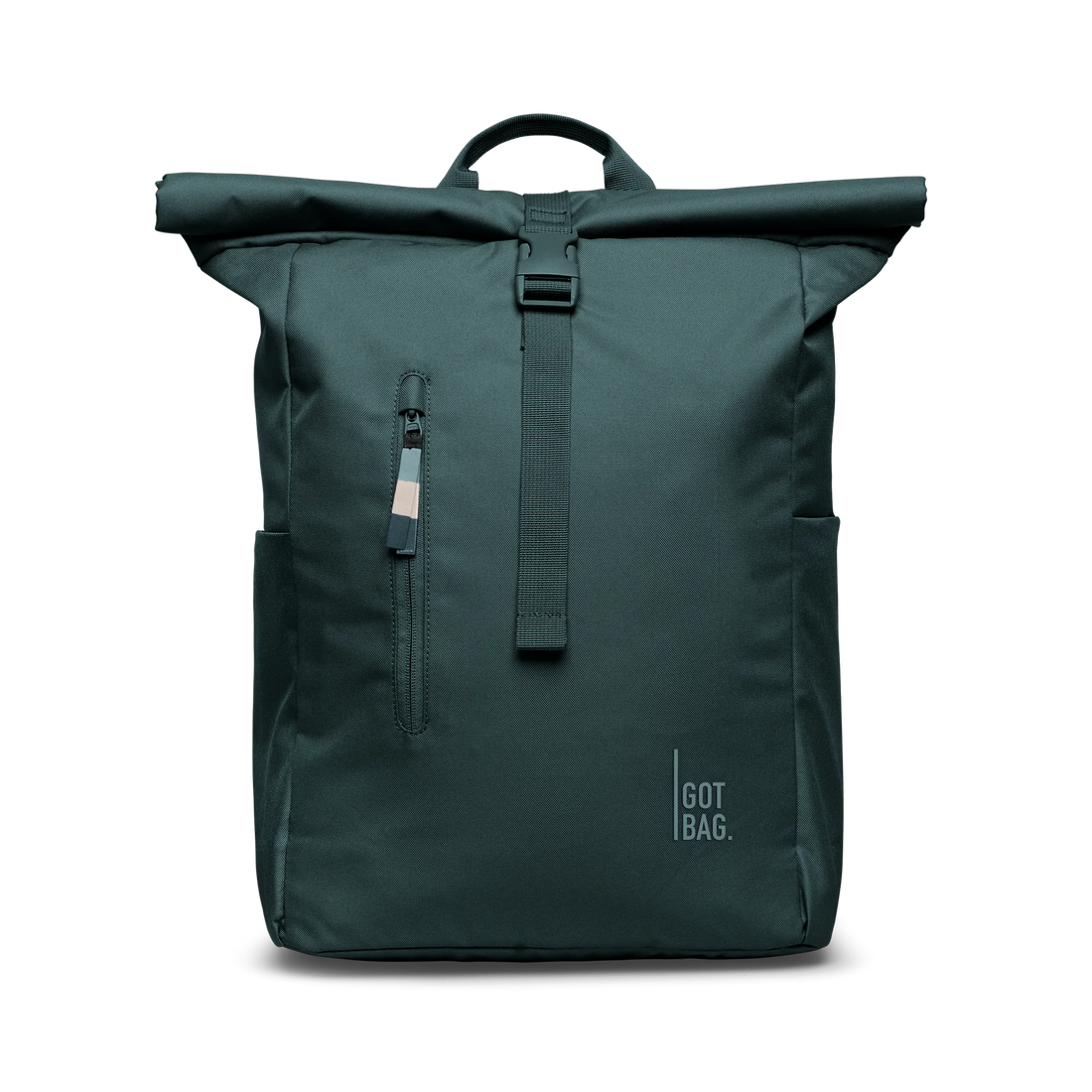 Got Bag Roll-Top Easy Rucksack in monochromem Sea Teal, vorneansicht mit Schatten, langlebiger Tagesrucksack aus recyceltem Material