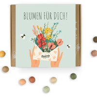Blossombs Geschenk-Box Mittel für drinnen und draußen, mit bunten Blumenmotiven auf der Verpackung.