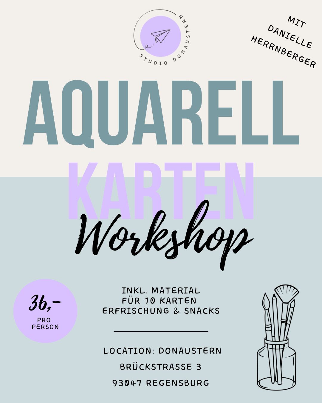 Aquarell-Karten Workshop von Donaustern Mit Herz & Hand, kreative Vorlage für den Aquarell-Kartenkurs am 27.05.26.