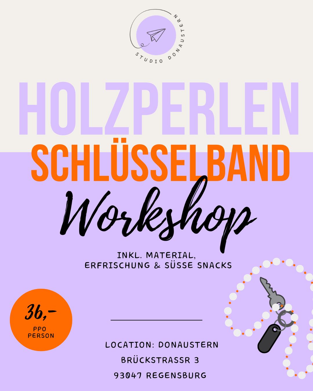 Workshop für Holzperlen-Schlüsselanhänger von Donaustern Mit Herz & Hand am 20.05.26, inklusive Designvorlage auf Flyer.