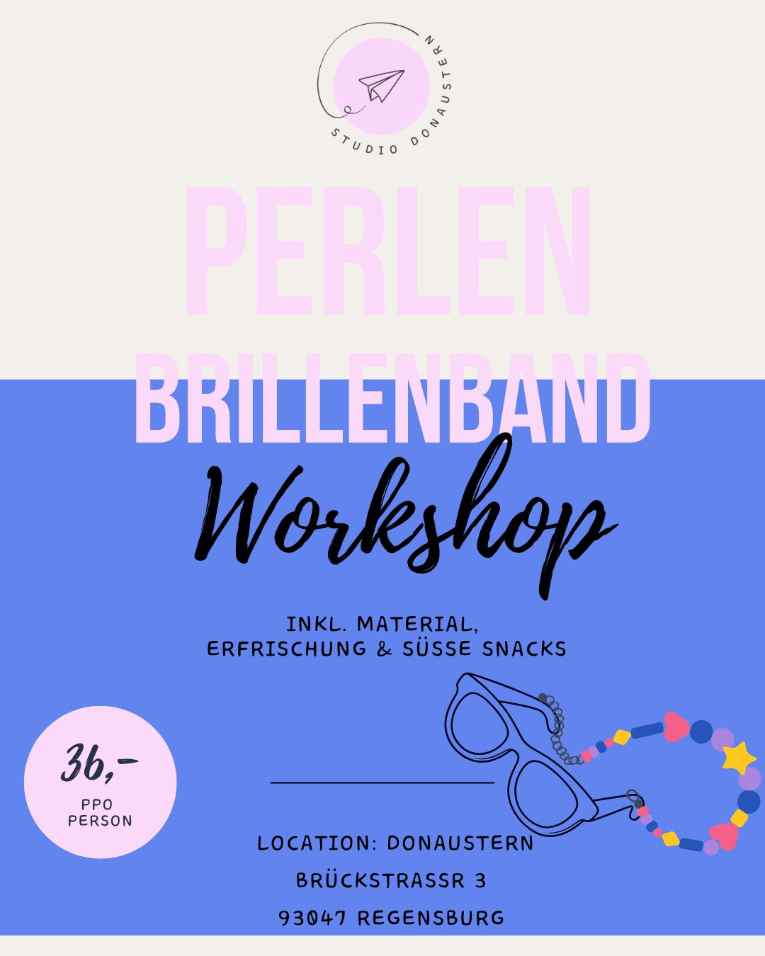 Workshop für Perlen-Brillenbänder bei Donaustern Mit Herz & Hand am 02.06.26, mit Holzperlen und Schlüsselanhänger auf Flyer.