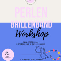 Workshop für Perlen-Brillenbänder bei Donaustern Mit Herz & Hand am 02.06.26, mit Holzperlen und Schlüsselanhänger auf Flyer.