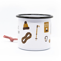 Emailletasse Becher von Roadtyping, perfekt für drinnen und draußen, mit buntem Design auf der Oberfläche.