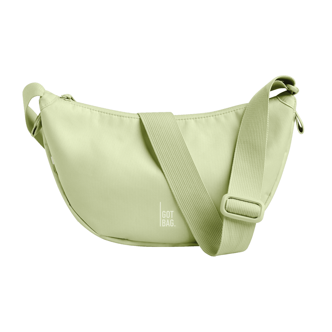 Kleine Moon-Bag von Got Bag, umweltfreundlicher Rucksack und HipBag, aus recyceltem Material, mit gestreiftem Design, auf weißem Hintergrund.