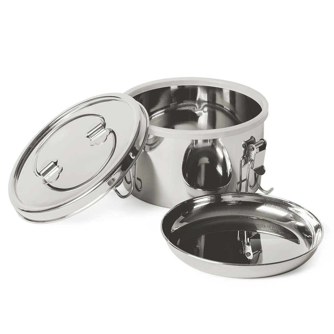 Offene Eco-Brotbox Tiffin Bowl+ von ecobrotbox, ideal für drinnen und draußen, mit mehreren Fächern für Snacks und Mahlzeiten.