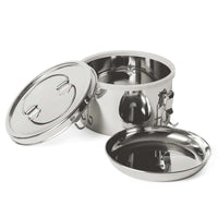 Offene Eco-Brotbox Tiffin Bowl+ von ecobrotbox, ideal für drinnen und draußen, mit mehreren Fächern für Snacks und Mahlzeiten.