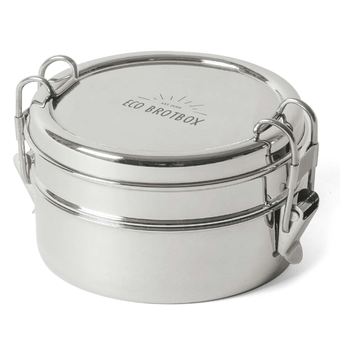 Eco Brotbox Tiffin Double+ in geschlossenem Zustand, langlebige Edelstahl-Brotbox für Drinnen und Draußen